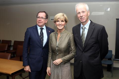 Australian Minister for Foreign Affairs Julie Bshop meeting with Canadian Foreign Minister Stéphane Dion (r) and NZ Foreign Minister Murray McCully at UN Headquarters in New York, Monday September 19, 2016. photo by Trevor Collens/DFAT