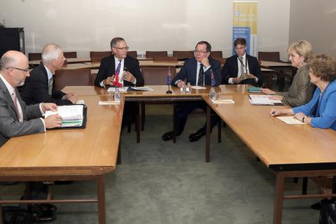 Australian Minister for Foreign Affairs Julie Bshop meeting with Canadian Foreign Minister Stéphane Dion (r) and NZ Foreign Minister Murray McCully at UN Headquarters in New York, Monday September 19, 2016. photo by Trevor Collens/DFAT