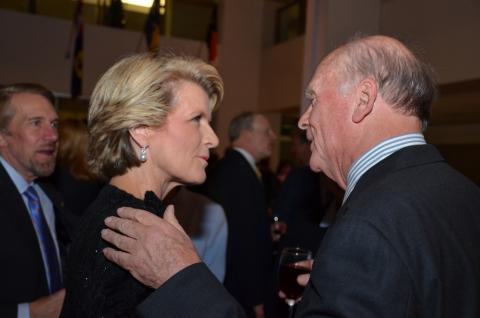 Foreign Minister Julie Bishop greets guests at the Australian Embassy in Washington DC to open the Alliance 21 Conference 2014.