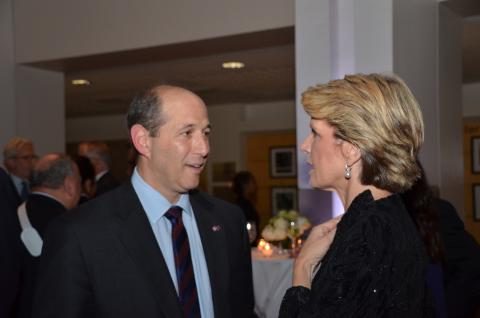 Foreign Minister Julie Bishop speaks with Jeffrey Bleich, former US Ambassador to Australia at the Australian Embassy is Washington DC to open the Alliance 21 Conference 2014.