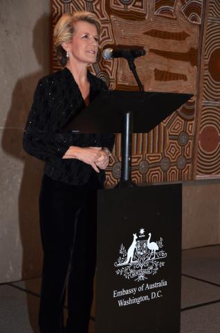 Foreign Minister Julie Bishop welcomes guests to the Australian Embassy in Washington DC to open the Alliance 21 Conference 2014.