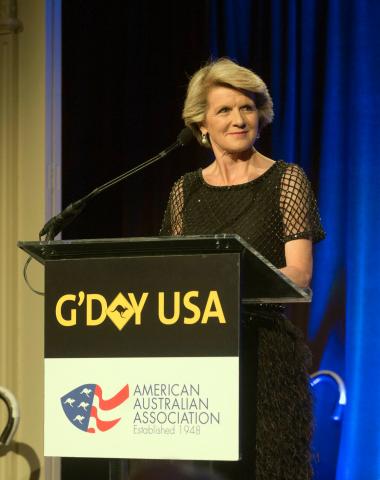 New York, Jan 24, 2014. Australian Foreign Minister Julie Bishop speaks at the G'Day USA black tie gala. photo by Trevor Collens