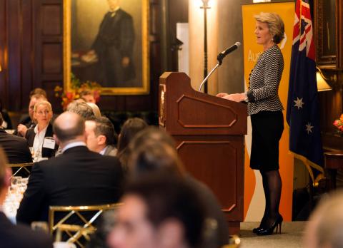 Foreign Minister Julie Bishop delivers the keynote address at the Australian Outlook Luncheon at the Harvard Club of New York. 24 January 2014.