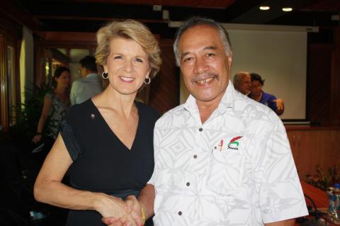 Minister Bishop with fellow Ministerial Contact Group (MCG) member, Honourable Tuisugaletaua Ali’imalemanu Sofara Aveau, Minister of Communication and Information Technology of Samoa, during a break between meetings with political parties and civil societ