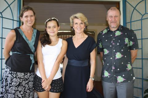 Minister Bishop stops for a departing photo with Acting Australian High Commissioner to Fiji Glenn Miles, his wife Kathy and their daughter Madelyn at the High Commissioner’s Residence in Suva on Saturday 15 February.  Photo: DFAT