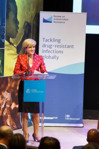 Australian Minister for Foreign Affairs Julie Bishop speaks at a side event to the UN General Assembly: Anti-Microbial Resistance: Tackling a Threat to the Health and Wealth of Nations in New York,Tuesday September 20, 2016. photo by Trevor Collens/DFAT