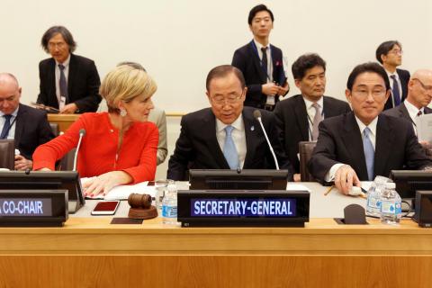 Australian Minister for Foreign Affairs Julie Bishop speaks during the Friends of the Comprehensive Test Ban Treaty (CTBT) Ministerial Meeting with UN Secretary General Ban Ki-moon and Japanese Foreign Minister Fumio Kishida at UN Headquarters in New York