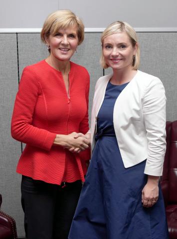 Australian Minister for Foreign Affairs Julie Bishop during a bilateral Meeting with Ms Lilja Alfreðsdóttir, Minister for Foreign Affairs of Iceland at UN Headquarters in New York, Wednesday September 21, 2016.  photo by Trevor Collens/DFAT