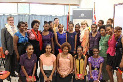 Minister for Foreign Affairs Julie Bishop, Minister for the Pacific and International Development, Concetta Fierravanti-Wells, Australian High Commissioner to Papua New Guinea, Bruce Davis and Divine Word University, Dr Cecila Nembou with female students