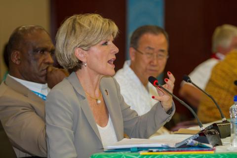 UN Secretary General Ban-ki Moon and UN John Ashe look on as Australia's Foreign Minister Julie Bishop speaks at SIDS 2014.