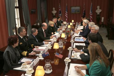 United States Secretary of State, John Kerry, United States Secretary of Defense, Chuck Hagel, Minister for Foreign Affairs, Julie Bishop and Minister for Defence, David Johnston attend the opening of the Australia-United States Ministerial Consultations