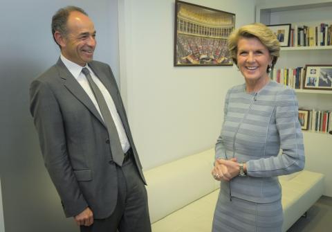 The Hon Julie Bishop MP, Foreign Minister of Australia, meets Mr Jean-François Copé, Leader of the Union for a Popular Movement, (UMP) at the UMP offices, Paris 24 April 2014. 