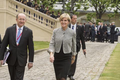 Foreign Minister Julie Bishop at the Ministry for Foreign Affairs following the Small Group Meeting of the Global Coalition Against Daesh. 2 June 2015.