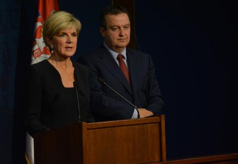 Foreign Minister Julie Bishop and Serbian Foreign Minister Ivica Dacic address the press in Belgrade, 14 July 2017.