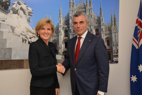 Foreign Minister Julie Bishop meets Mauro Moretti, CEO of the Italian company Finmeccanica, during her visit to Milan to attend the Asia Europe Meeting (ASEM).