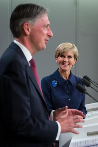 Foreign Minister Julie Bishop and UK Foreign Secretary Philip Hammond hold a press conference following their bilateral meeting in Sydney.