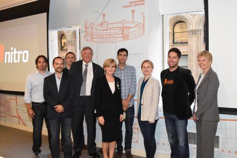 Foreign Minister Julie Bishop, Australia’s Ambassador to the USA, Kim Beazley, Australia’s Consul-General and Senior Trade Commissioner in San Francisco, Sally-Ann Watts (far right) meet with Nitro staff in San Francisco on 9 October 2015.