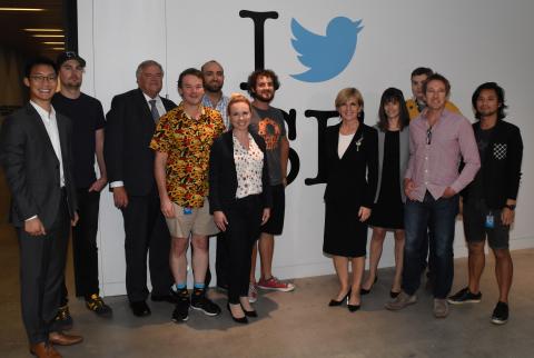 Foreign Minister Julie Bishop with Australia’s Ambassador to the USA, Kim Beazley meet with staff at Twitter Headquarters in San Francisco on 9 October 2015.