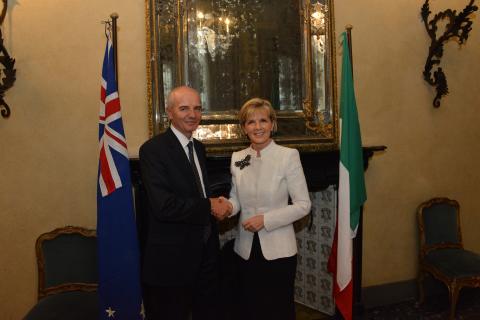 Australia's Foreign Minister Julie Bishop meets with Intesa Sanpaolo Executive Vice-Chairman Marcello Sala