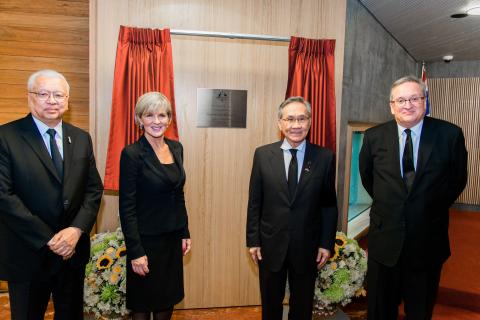 Foreign Minister Julie Bishop with Thai Foreign Minister, His Excellency Mr Don Pramudwinai following the unveiling of the plaque at new Australian Embassy Bangkok. Thailand, Bangkok, 3 August 2017.