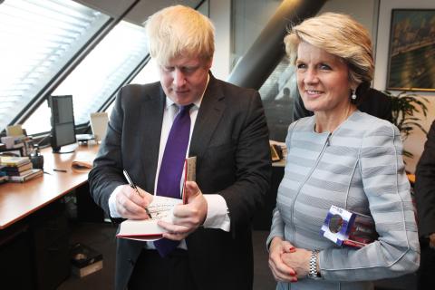 Minister Julie Bishop with the Mayor of London, Boris Johnson, during a meeting at City Hall, London on 11 March 2014 during AUKMIN.