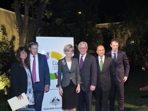 From left to right: Peruvian world surfing champion, Sofia Mulanovich; COALAR Chairman, Chris Gale; Minister Bishop; Minister Robb, Peruvian Vice-minister for Foreign Affairs, Ambassador Claudio de la Puente and, Australian Ambassador to Peru, Nicholas Mc