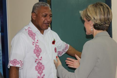 Foreign Minister Julie Bishop is warmly greeted by Fijian Prime Minister the Hon Rear Admiral (Ret.) Josaia Voreqe Bainimarama MP, Suva. 31 October.