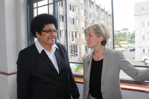 Foreign Minister Julie Bishop with Fiji's first female Speaker, Hon Jiko Luveni at Fiji's Parliament, Suva. 31 October 2014.