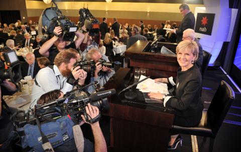 Australian Foreign Minister Julie Bishop addresses the National Press Club on Wednesday 18 June 2014. Foreign Minister Julie Bishop will launch the Australian Government's new international development policy with performance benchmarks. Photo: Mark Graha