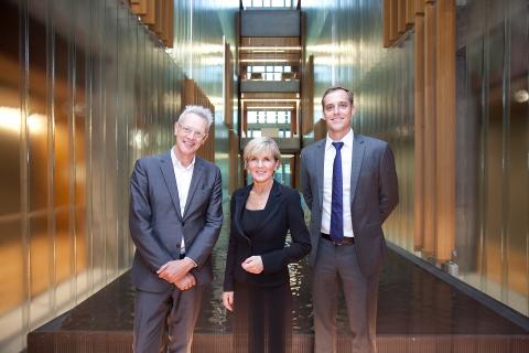 Foreign Minister Julie Bishop with Mr James Grose, BVN architect, and Mr Ian Carpenter, project director and counsellor of the new Australian Embassy complex, at the new Australian Embassy building in Bangkok. Thailand, Bangkok, 3 August 2017.