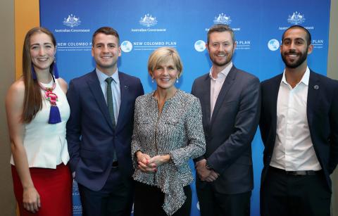 Foreign Minister Julie Bishop at the South Australian New Colombo Plan Alumni launch with Michelle Howie, Alumni Ambassador, University of South Australia; Charlie Hamra, Alumni Ambassador, University of Adelaide; Foreign Minister; Professor David Lloyd