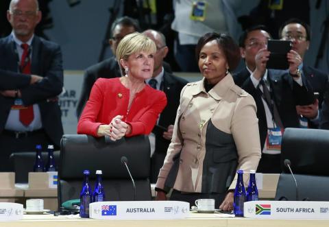 Foreign Minister Julie Bishop chats with South African Minister for International Affairs Nkoana Mashabane at the Nuclear Security Summit in Washington DC on 1 April 2016.