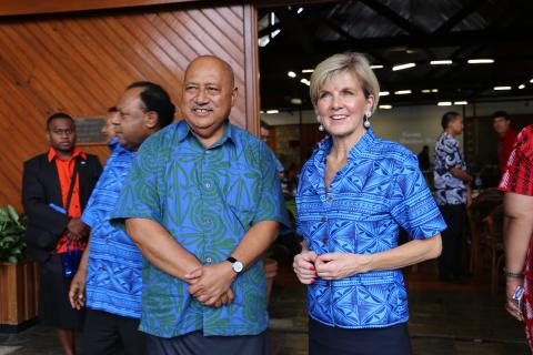 Foreign Affairs Minister Julie Bishop shares a light moment with Fiji’s Defence and National Security Minister, Ratu Inoke Kubuabola at the Pacific Islands Forum Foreign Ministers’ Meeting in Suva, 11 August 2017.