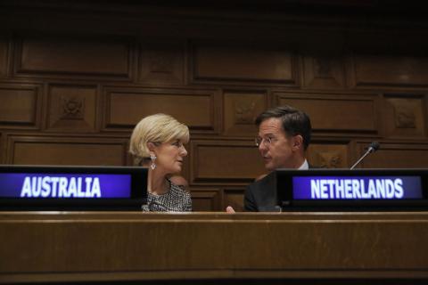 Foreign Minister Julie Bishop talks with Prime Minister of the Netherlands at the High-level Panel on Water Leaders’ Meeting at the United Nations in New York on 21 September 2017. 