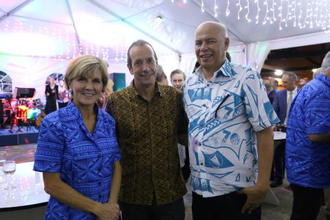 Minister Julie Bishop, EU Ambassador for the Pacific, Andrew Jacobs, and Pacific Community Director General, Dr Colin Tukuitonga, at the PIF Foreign Ministers in Suva, 11 August 2017.