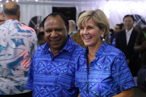 Minister Bishop shares a laugh with PNG Foreign and Trade Minister, the Hon Rimbink Pato, at the PIF Forum Foreign Minister’s Meeting reception in Suva, 11 August 2017.