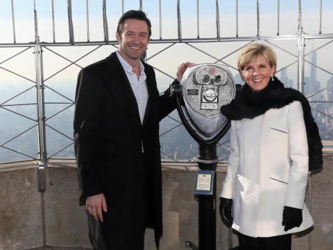 Australian Foreign Minister Julie Bishop attends ceremonial lighting of the Empire State Building in Green and Gold, with actor Hugh Jackman. photo by Trevor Collens. New York, January 23, 2015. 