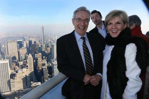 Australian Foreign Minister Julie Bishop attends ceremonial lighting of the Empire State Building in Green and Gold, with actor Hugh Jackman. photo by Trevor Collens. New York, January 23, 2015. 