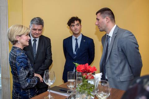 Foreign Minister Julie Bishop discusses business opportunities in Serbia with Australian business representatives Predrag Pejovic (Cochlear) and Branislav Grbovic (Amec Foster Wheeler Mining & Metals - Australia West) and embassy officials in Belgrade, 13