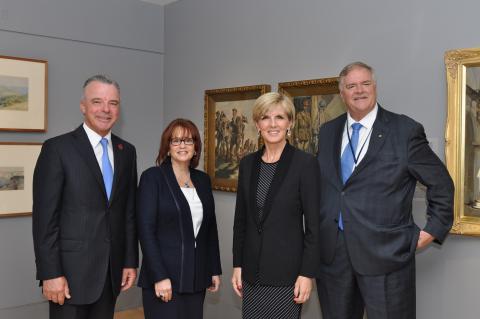 Foreign Minister Julie Bishop with Brendan Nelson, Director of the Australian War Memorial, Sondra Barbour, representative of exhibition sponsor Lockheed Martin, and Kim Beazley, Australian Ambassador to the USA at the opening of 