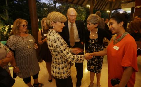 Foreign Minister Julie Bishop meets members of the Australian and Indonesian business community at a reception hosted by Australian Consul-General to Bali Majell Hind, August 28 2014, Bali.