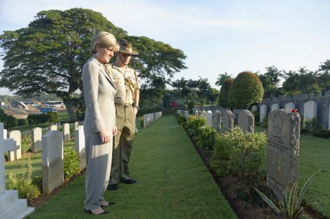 Australia's Foreign Minister Julie Bishop pays respect to more than 1000 Australians buried at Kranji War Memorial, Singapore.