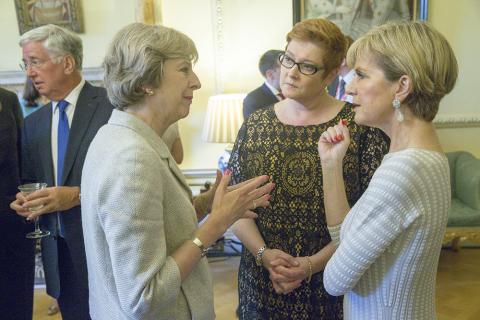 Foreign Minister Julie Bishop and Defence Minister Marise Payne with UK Prime Minister Theresa May at 10 Downing Street for the commencement of the annual Australia-UK Ministerial Consultations (AUKMIN). Photo credit: Jim Ross