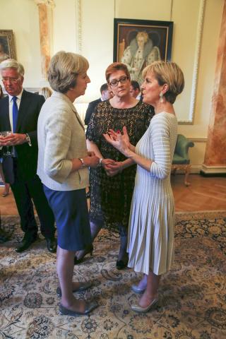 Foreign Minister Julie Bishop and Defence Minister Marise Payne with UK Prime Minister Theresa May at 10 Downing Street for the commencement of the annual Australia-UK Ministerial Consultations (AUKMIN). Photo credit: Jim Ross