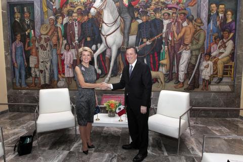 The Minister for Foreign Affairs of Australia, The Hon Julie Bishop MP, and the Secretary of Foreign Affairs for Mexico, José Antonio Meade Kuribreña, at the MIKTA Foreign Ministers Retreat in Mexico City.  14 April 2014.