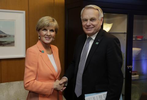 Foreign Minister Julie Bishop meets with French Minister of Foreign Affairs and International Development Jean-Marc Ayrault at the Meeting of the Ministers of the Global Coalition to Counter ISIL. US Dept of State, Washington DC, 21 July 2016.