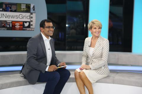 Foreign Minister Julie Bishop with Kamahl Santamaria on Al Jazeera's 'News Grid' program. Credit: Mohamed Al-Shaeer