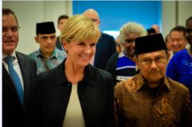 21 March 2016, Jakarta, Indonesia:  Foreign Minister Julie Bishop with Former Indonesian President BJ Habibie during the opening of the new Australian Embassy in Jakarta.