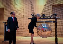 21 March 2016, Jakarta, Indonesia:  Foreign Minister Julie Bishop bangs the gong with Indonesian Minister of State Secretary Pratikno during the opening of the new Australian Embassy in Jakarta.