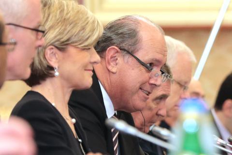 The Hon Julie Bishop, MP Minister for Foreign Affairs and Senator the Hon David Johnston, Minister for Defence listening to their counterparts at the 2+2 Ministerial talks with Japan.